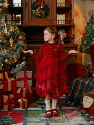 Girl Red Sequin Layered Tulle Dress and Red Sweater Set