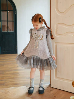 Girl Sequin Grey Knit Dress and Sweater Set