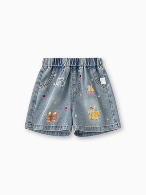 Girl Plaid Flower Applique Denim Shorts