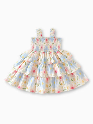 Girl Pastel Floral Tiered Ruffle Smocked Bodice Sundress