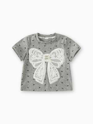 Girl Grey Bow Lace Appliqué and Pearls T-Shirt