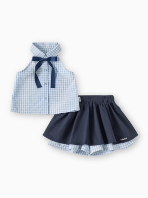 Girls Blue Gingham Bow College Style Set