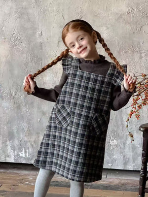 Girl Ruffle Shoulder Plaid Pinafore Dress and Sweater Set