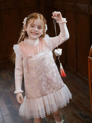 Girl Pink Floral Jacquard Dress with Sweater Set