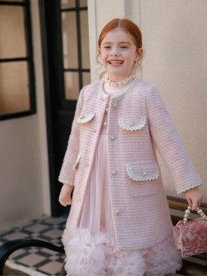 Girl Elegant Pink Tweed Pearl Button Coat