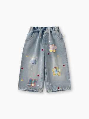 Girl Wide-Leg Patchwork Jeans with Plaid Flower Applique