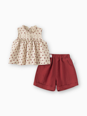 Girl Vintage Floral Top and Burgundy Cuffed Shorts Set