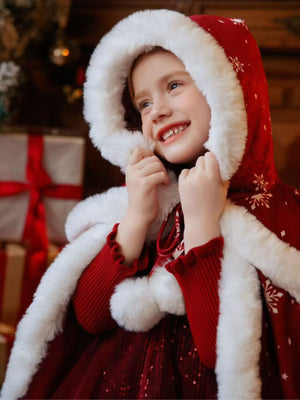 Girl Snowflake Velvet Faux Fur Trim Cape