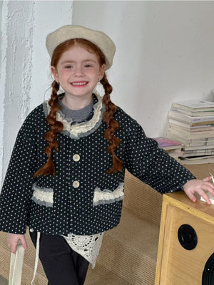 Girl Polka Dot Lace Trim Jacket