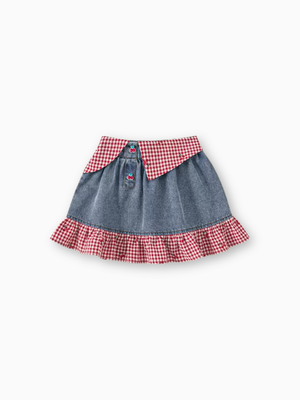 Girl Red Gingham Ruffle and Cherry Print Denim Skirt