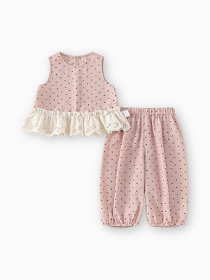 Girl Lace Ruffle Heart Print Set