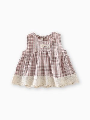 Baby Vintage-Inspired Pink Plaid Lace Trim Sleeveless Blouse