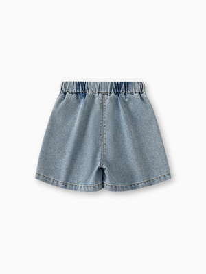 Girl Plaid Flower Applique Denim Shorts
