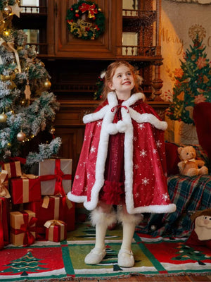 Girl Snowflake Velvet Faux Fur Trim Cape