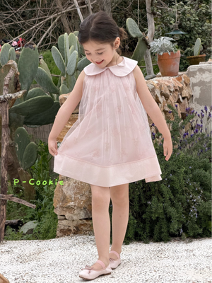 Girl Sweet Blossom Pink Tulle Peter Pan Collar Dress