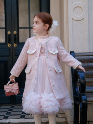 Girl Elegant Pink Tweed Pearl Button Coat