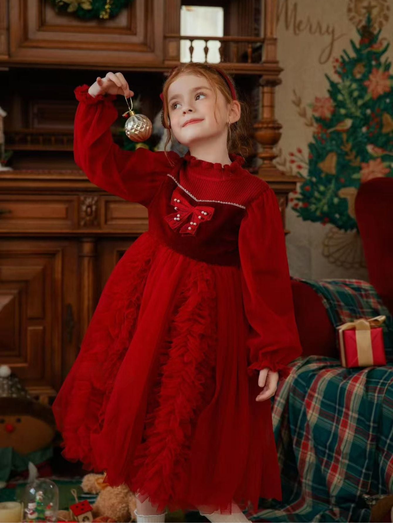 Girl Velvet Ruffled and Bow Dress