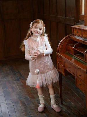 Girl Pink Floral Jacquard Dress with Sweater Set