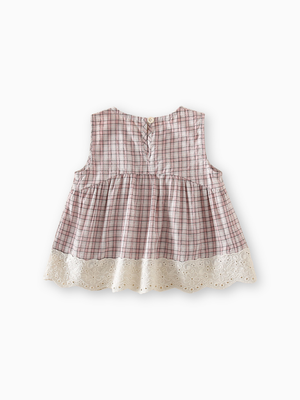Baby Vintage-Inspired Pink Plaid Lace Trim Sleeveless Blouse