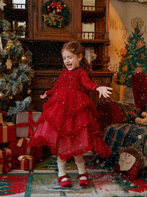 Girl Red Sequin Layered Tulle Dress and Red Sweater Set