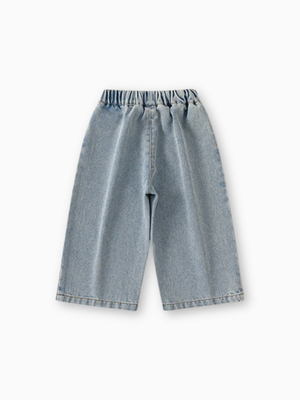 Girl Wide-Leg Patchwork Jeans with Plaid Flower Applique