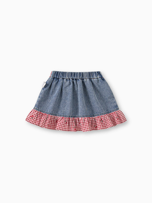 Girl Red Gingham Ruffle and Cherry Print Denim Skirt