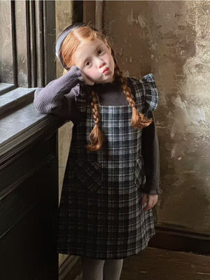 Girl Ruffle Shoulder Plaid Pinafore Dress and Sweater Set