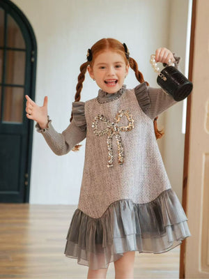 Girl Sequin Grey Knit Dress and Sweater Set
