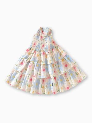 Girl Pastel Floral Tiered Ruffle Smocked Bodice Sundress