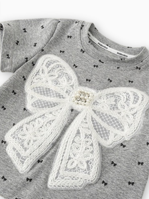 Girl Grey Bow Lace Appliqué and Pearls T-Shirt