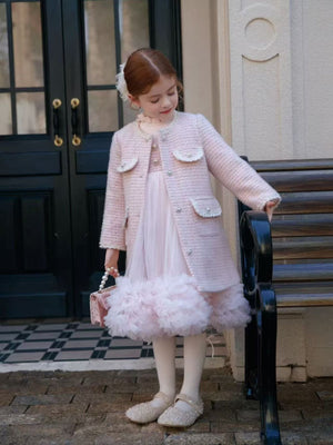 Girl Elegant Pink Tweed Pearl Button Coat