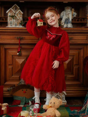 Girl Velvet  Ruffled and Bow  Dress