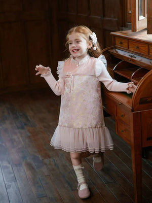 Girl Pink Floral Jacquard Dress with Sweater Set