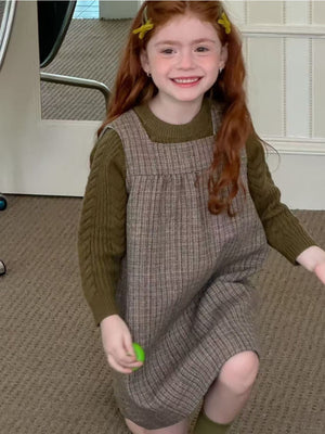 Girl Plaid Pinafore Dress and Sweater Set