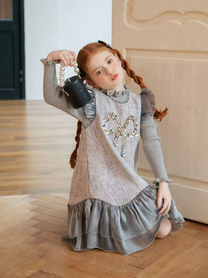 Girl Sequin Grey Knit Dress and Sweater Set
