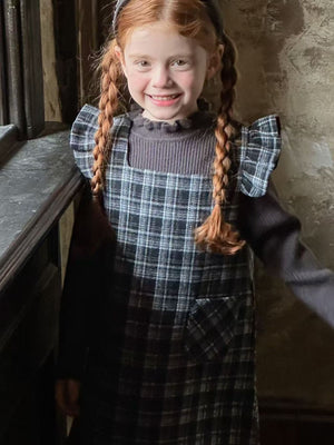 Girl Ruffle Shoulder Plaid Pinafore Dress and Sweater Set