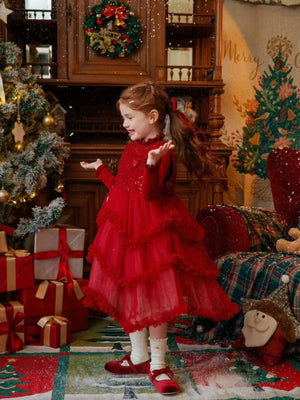 Girl Red Sequin Layered Tulle Dress and Red Sweater Set
