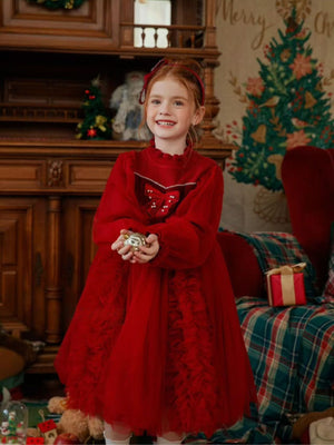 Girl Velvet  Ruffled and Bow  Dress