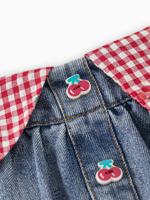 Girl Red Gingham Ruffle and Cherry Print Denim Skirt