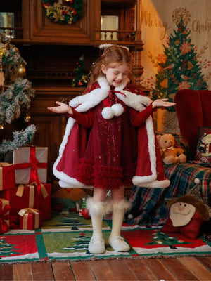 Girl Snowflake Velvet Faux Fur Trim Cape