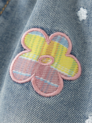Girl Plaid Flower Applique Denim Shorts