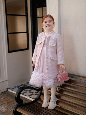 Girl Elegant Pink Tweed Pearl Button Coat