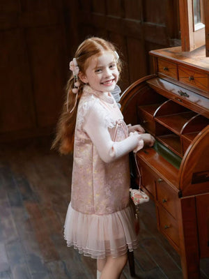 Girl Pink Floral Jacquard Dress with Sweater Set