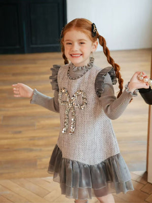 Girl Sequin Grey Knit Dress and Sweater Set
