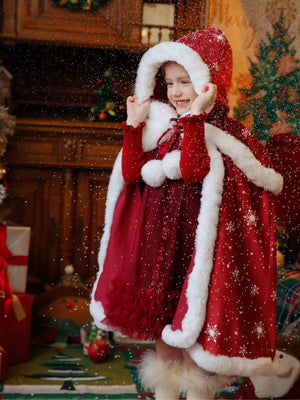 Girl Snowflake Velvet Faux Fur Trim Cape