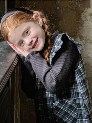 Girl Ruffle Shoulder Plaid Pinafore Dress and Sweater Set