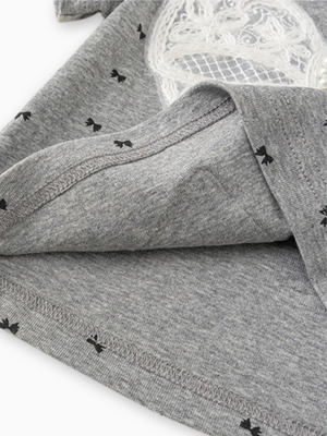 Girl Grey Bow Lace Appliqué and Pearls T-Shirt