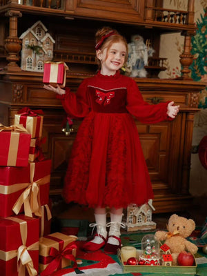 Girl Velvet  Ruffled and Bow  Dress