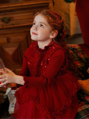 Girl Red Sequin Layered Tulle Dress and Red Sweater Set
