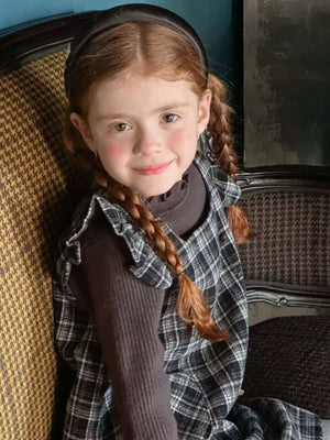 Girl Ruffle Shoulder Plaid Pinafore Dress and Sweater Set